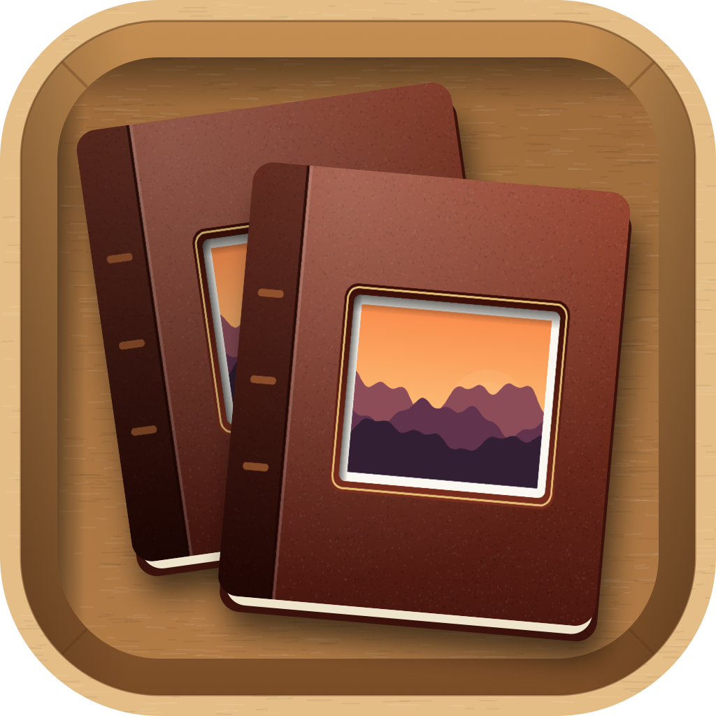 Albumini app icon: two leather-bound photo albums on a wooden tray